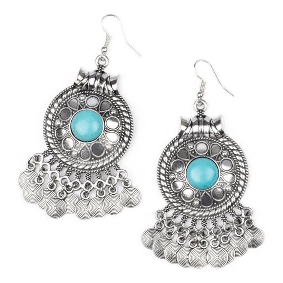 Boho Faux Turquoise Silver Tone Earrings - Picture 1 of 8